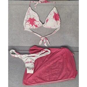 CUPSHE Pink/White Splash Print Bikini Set Sz S  W/Reversible Sarong Cover Up NWT